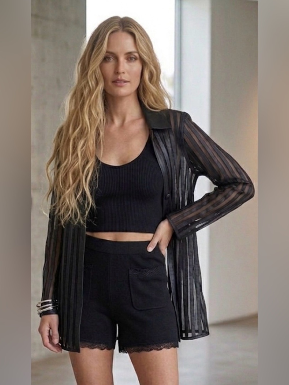 Black Striped Sheer Leather-Trim Jacket